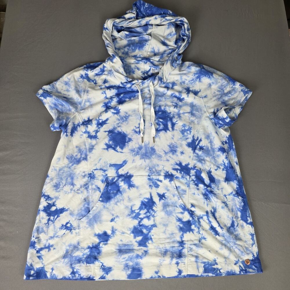 LIVI Women's Blue/White Tie-Dye Short Sleeve Pullover Hoodie Sweatshirt 14/16
